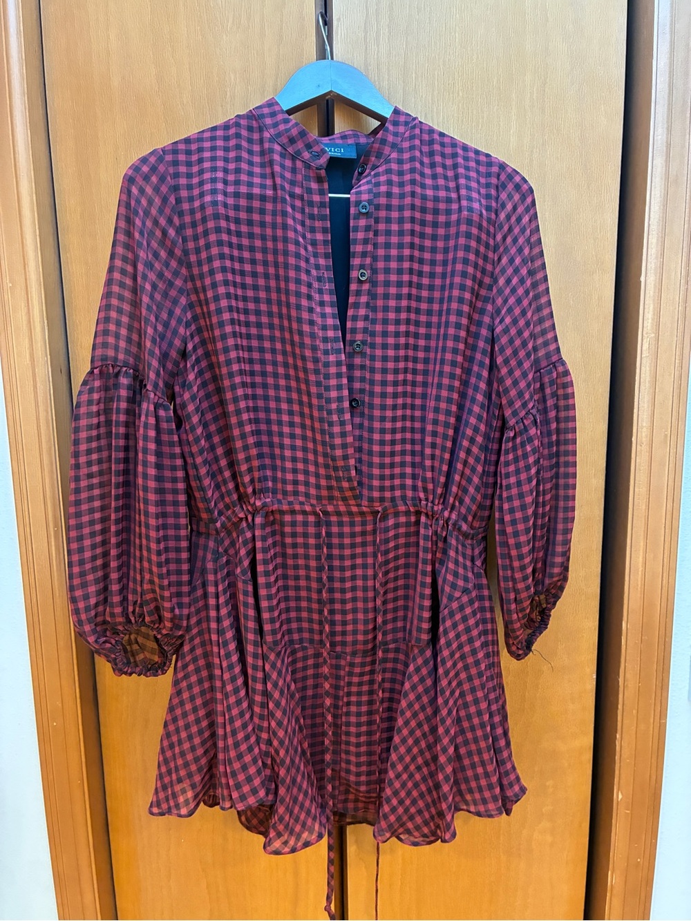 VICI Balloon Sleeve Red & Black Gingham Ruffle Hem Dress